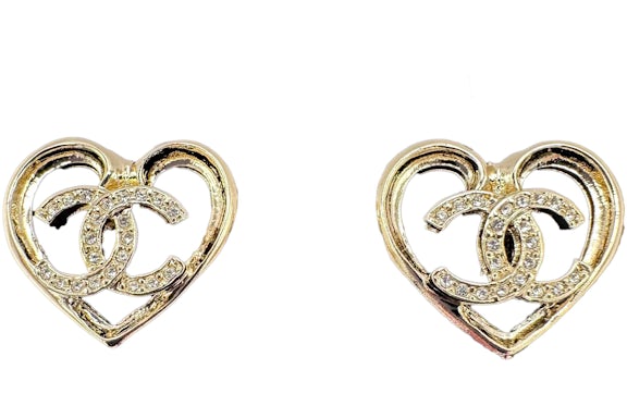 Chanel Crystal CC Logo Heart Stud Earrings ABA103 Light Gold/Crystal