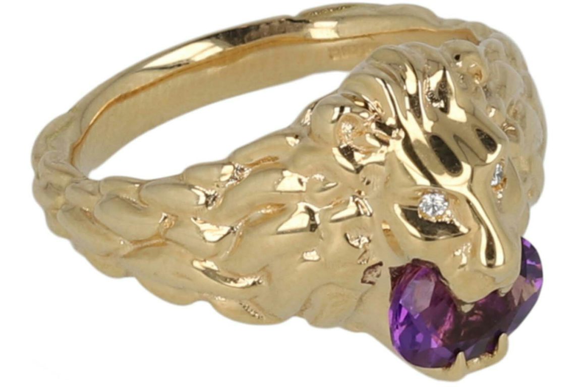 Gucci Diamond Amethyst Lion Head Ring Gold