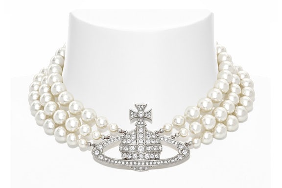 Vivienne Westwood Choker Three Row Pearl Bas Relief Silver