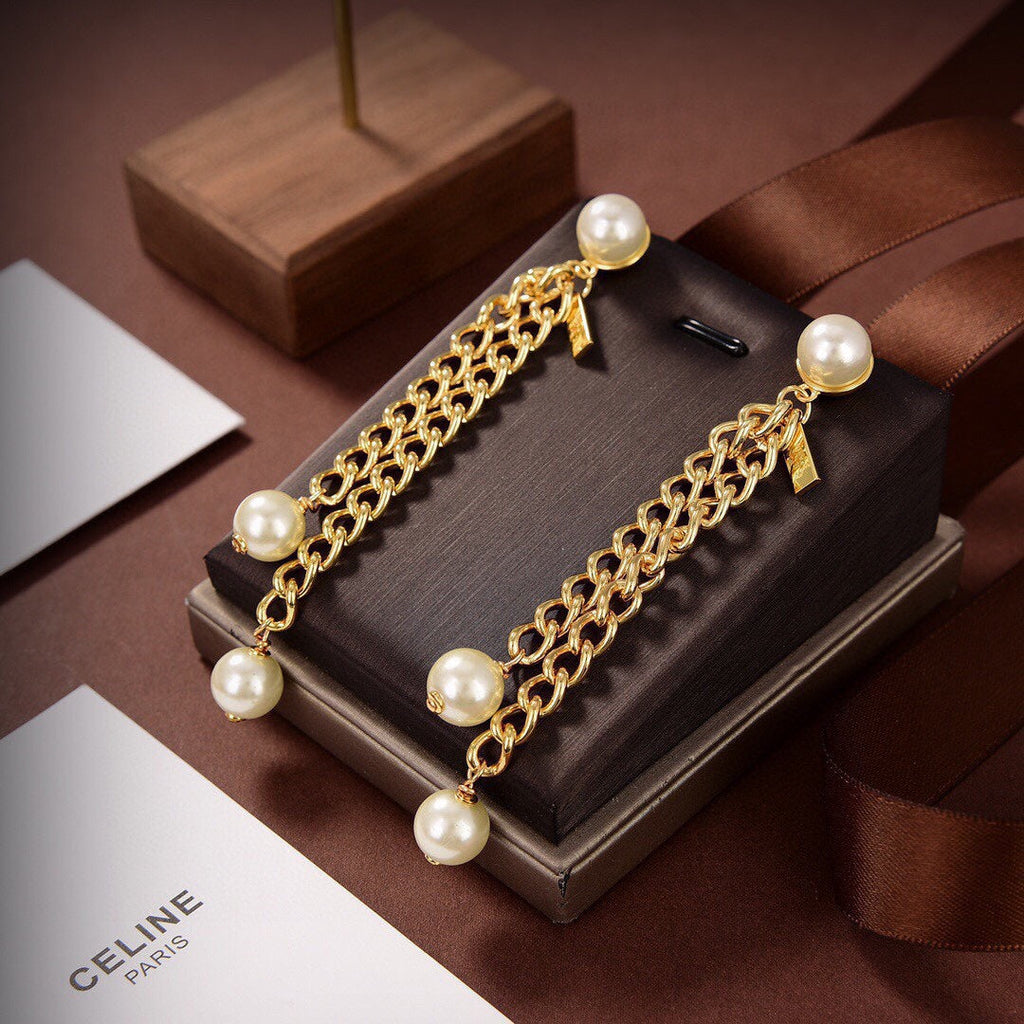 Celine Triomphe Pearls Long Earrings - 18K Yellow Gold