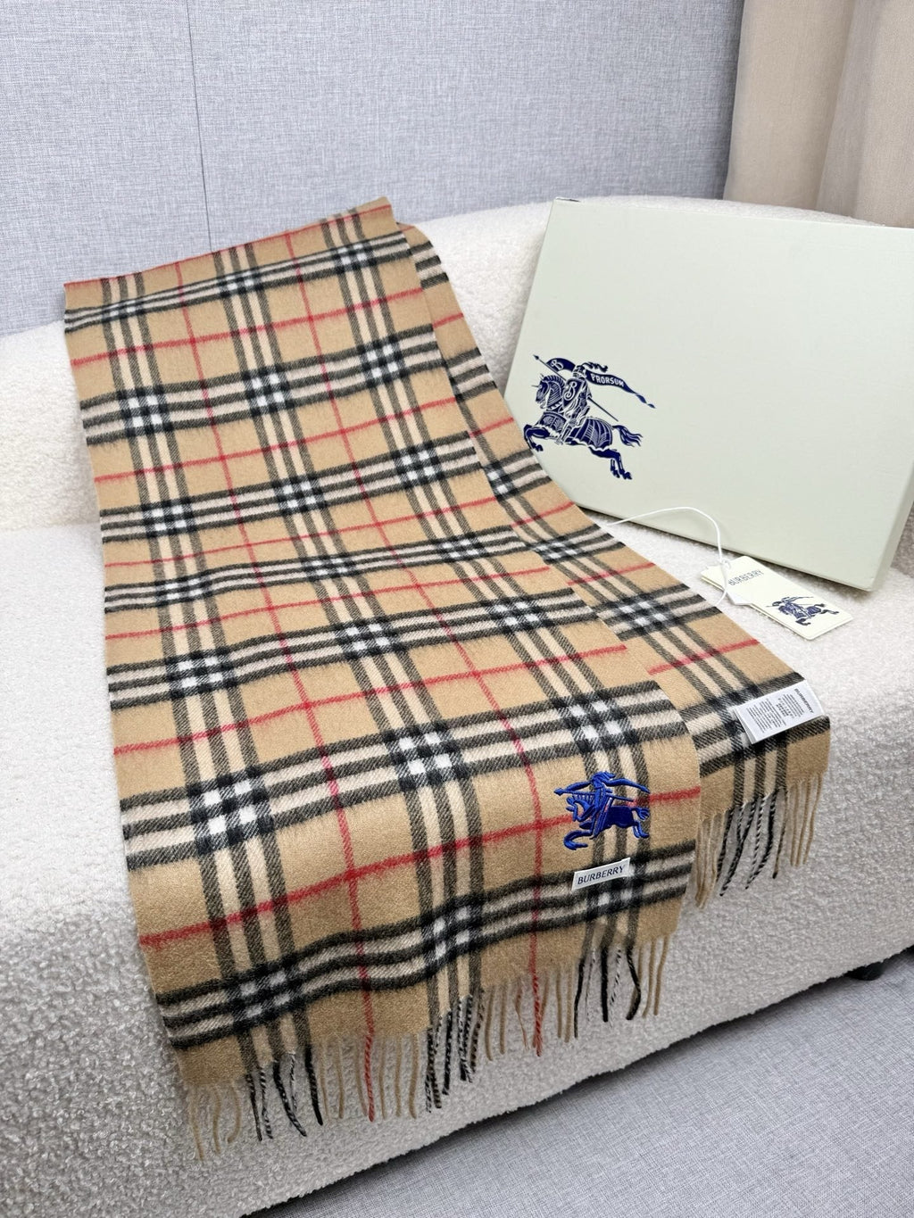 Burberry Beige Plaid Fringe Scarf — hero