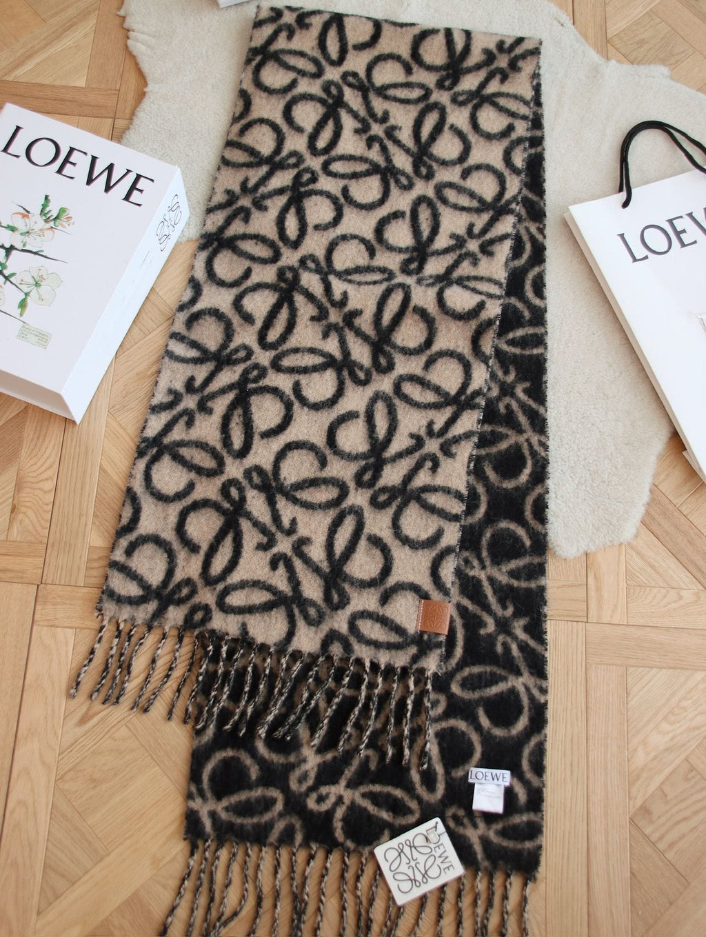 Loewe Black & Tan Motif Fringe Scarf — front