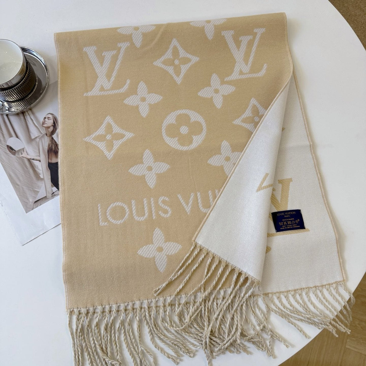 Louis Vuitton Beige & White Fringed Scarf — hero