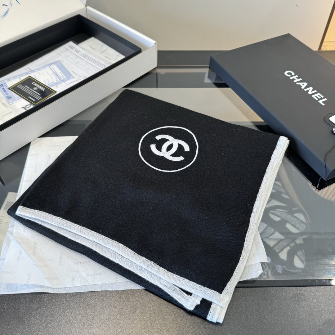 Chanel Reversible Contrast Trim Scarf Shawl — front