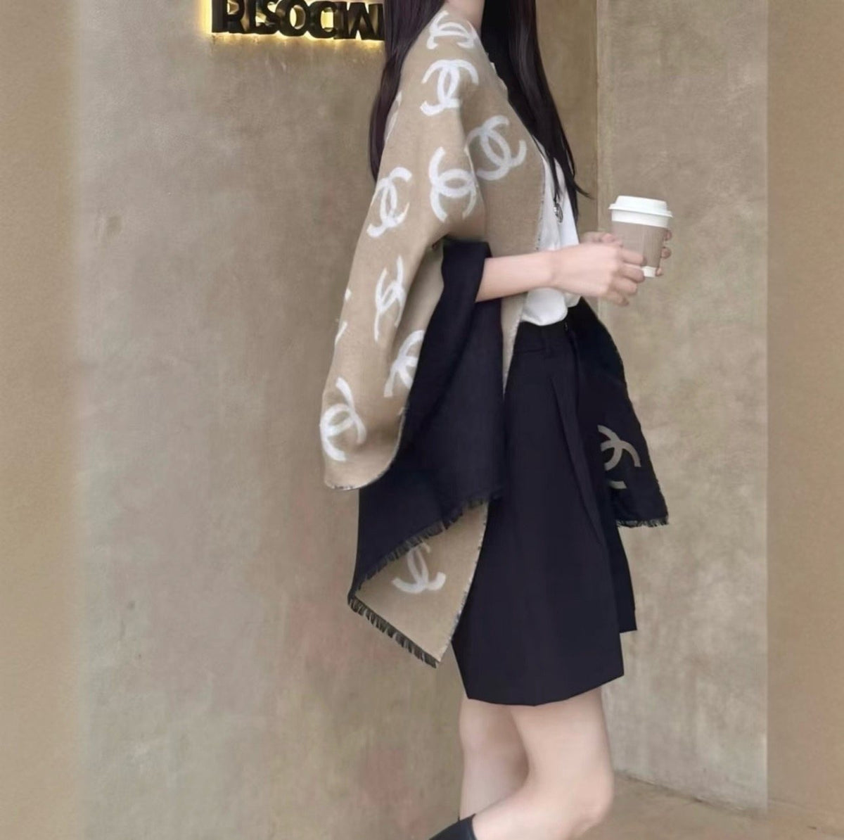 Chanel Reversible Logo Motif Scarf Shawl — model