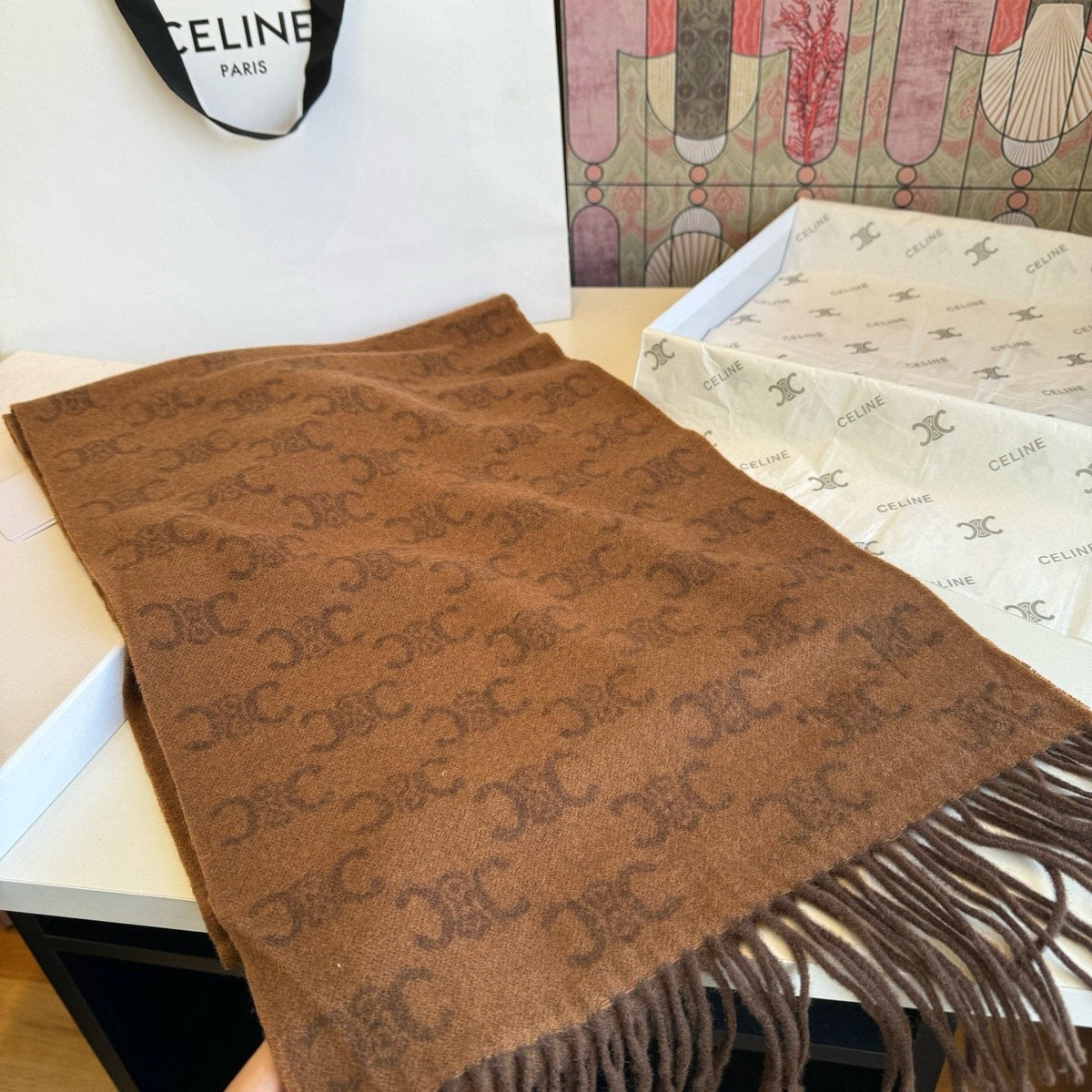 Celine Brown Patterned Fringed Scarf — front