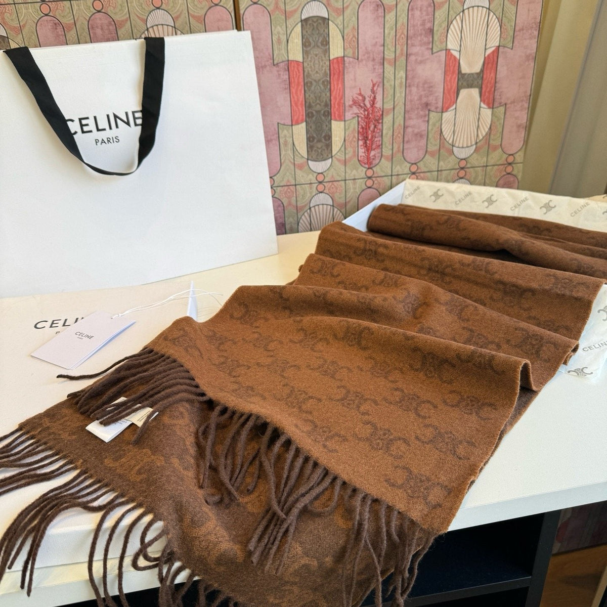 Celine Brown Patterned Fringed Scarf — front
